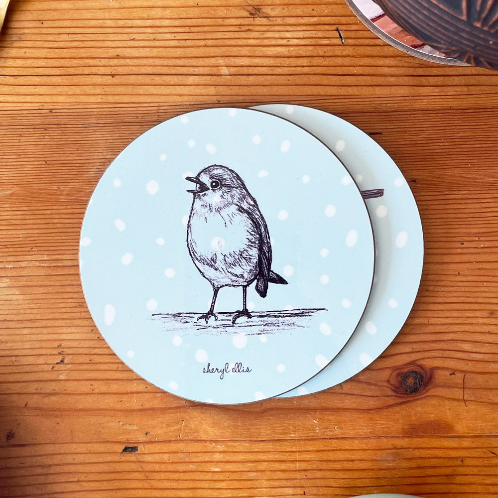 Chirping Robin Coasters - Round (Pack of 4 - Dotted Green)